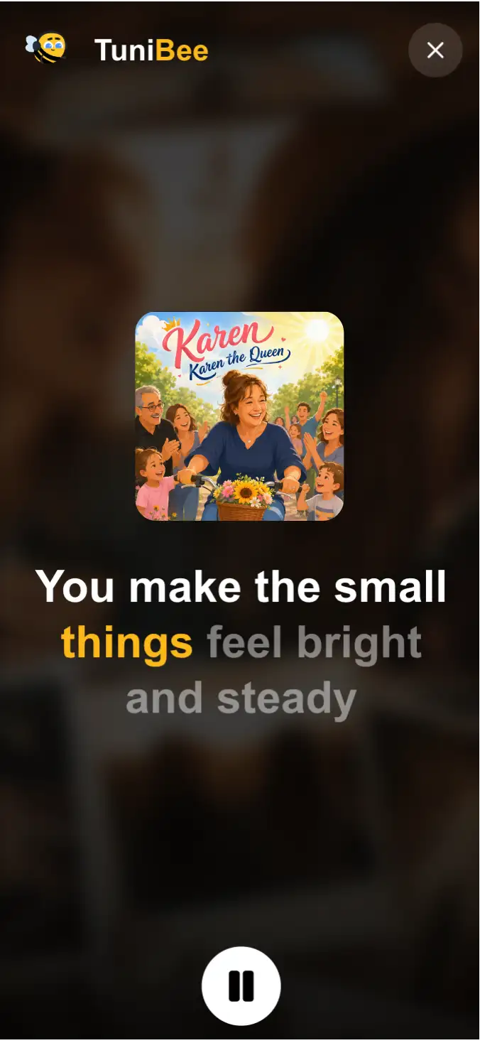 Mobile preview of the Tunibee karaoke player with highlighted lyrics